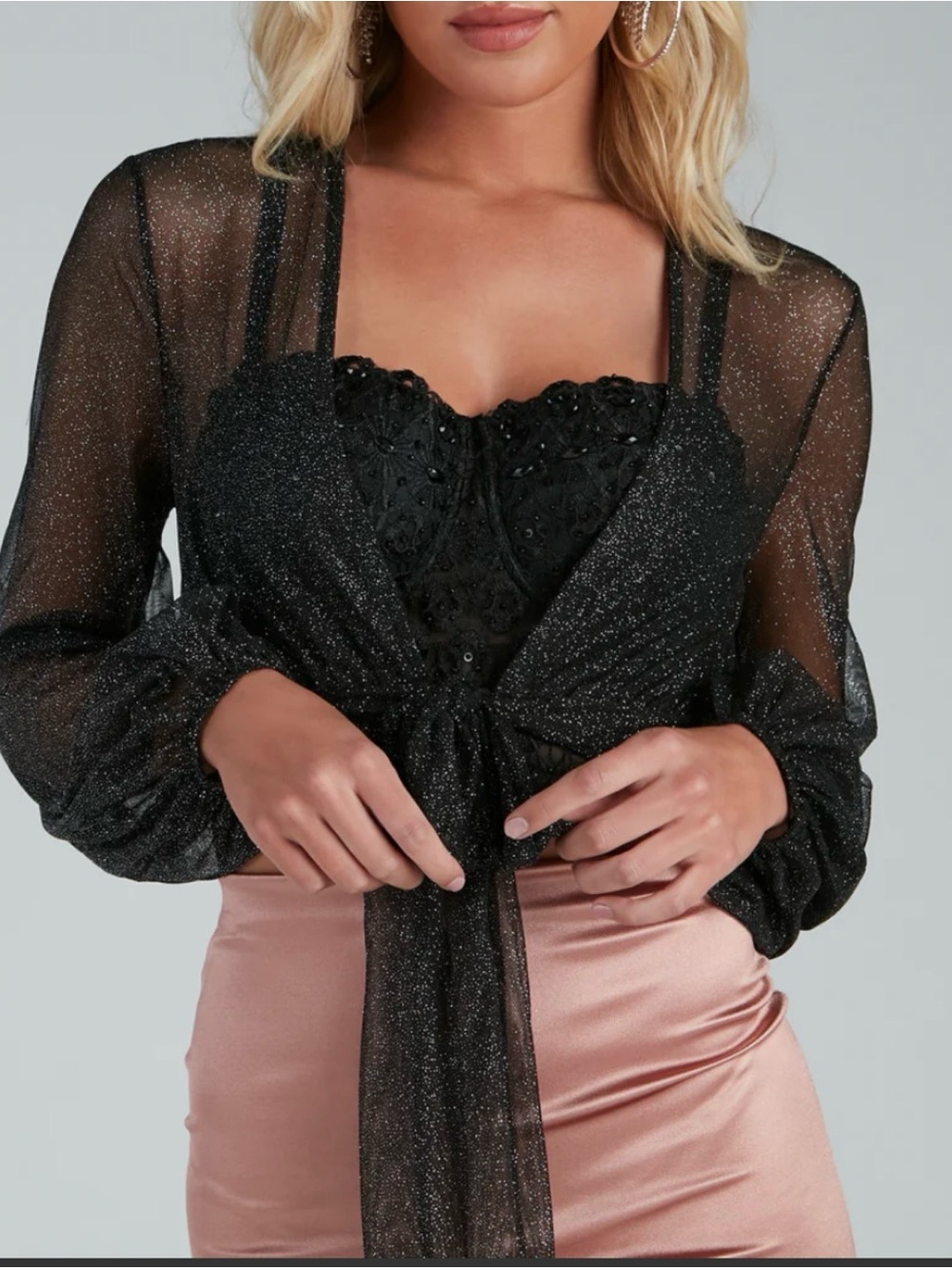 Windsor Sparkle Sheer Black Tie-Front Blouse